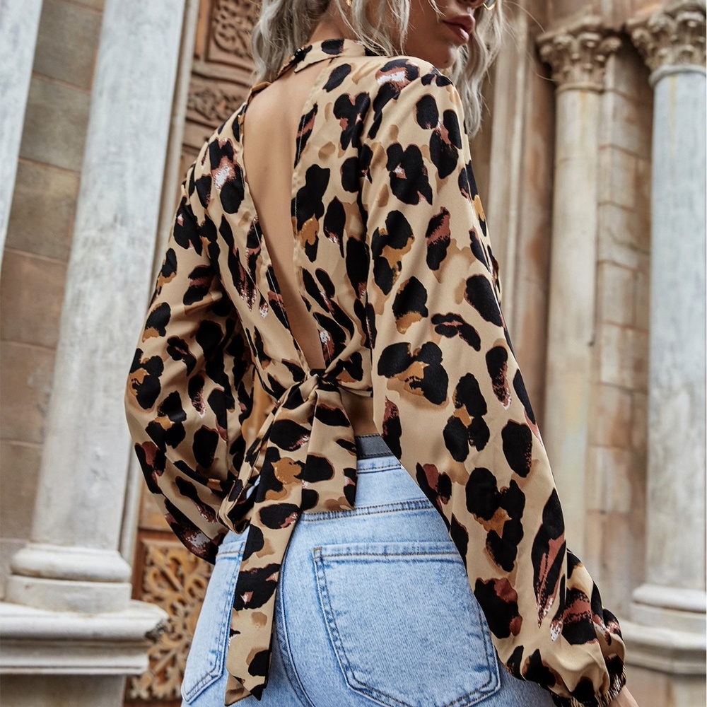 Leopard Print Tan Open Back Tie Crop Top - Picture 1 of 6